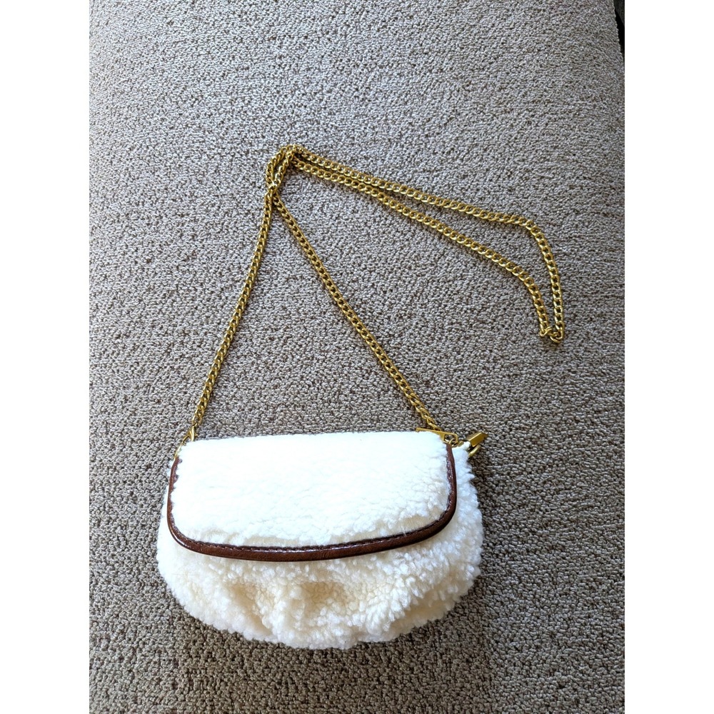 Anthropologie Cream Sherpa Brown Faux Leather Trim Crossbody Bag
